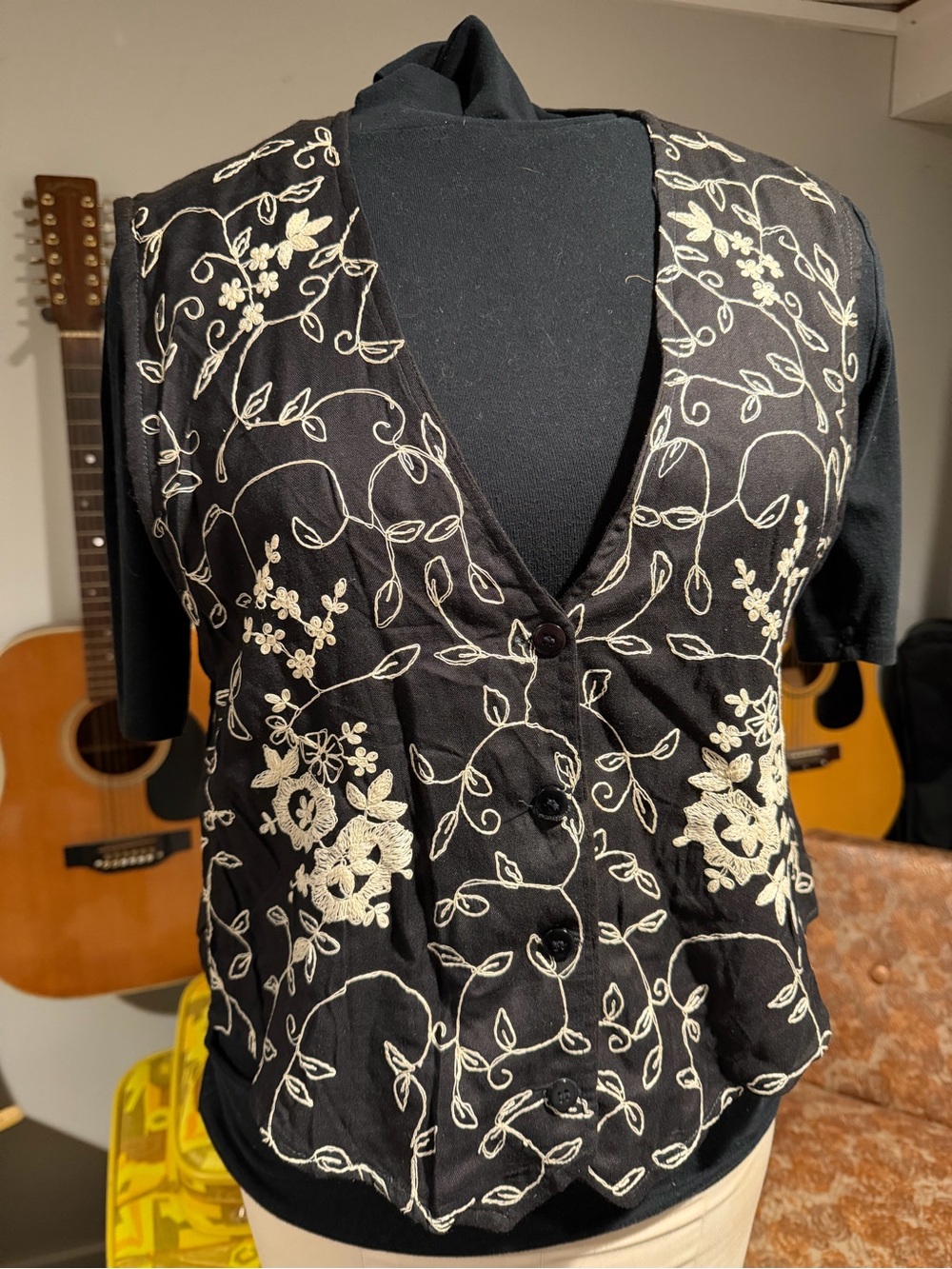 Black Embroidered Floral Vest Top